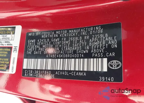 2008 Toyota Camry Le from USA, damaged, VIN 4T4BE46K08R040014
